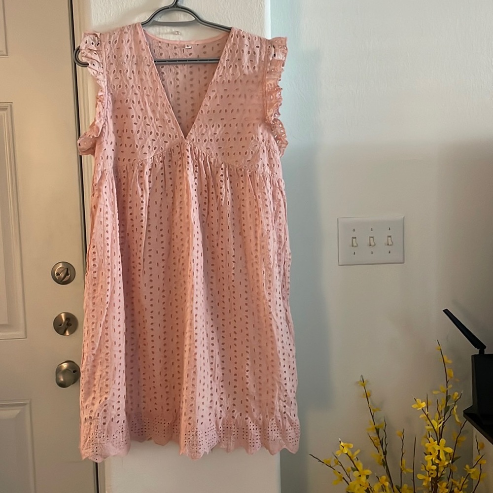 Cute Embroidered Eyelet Detail Blush Pink Dress Size L